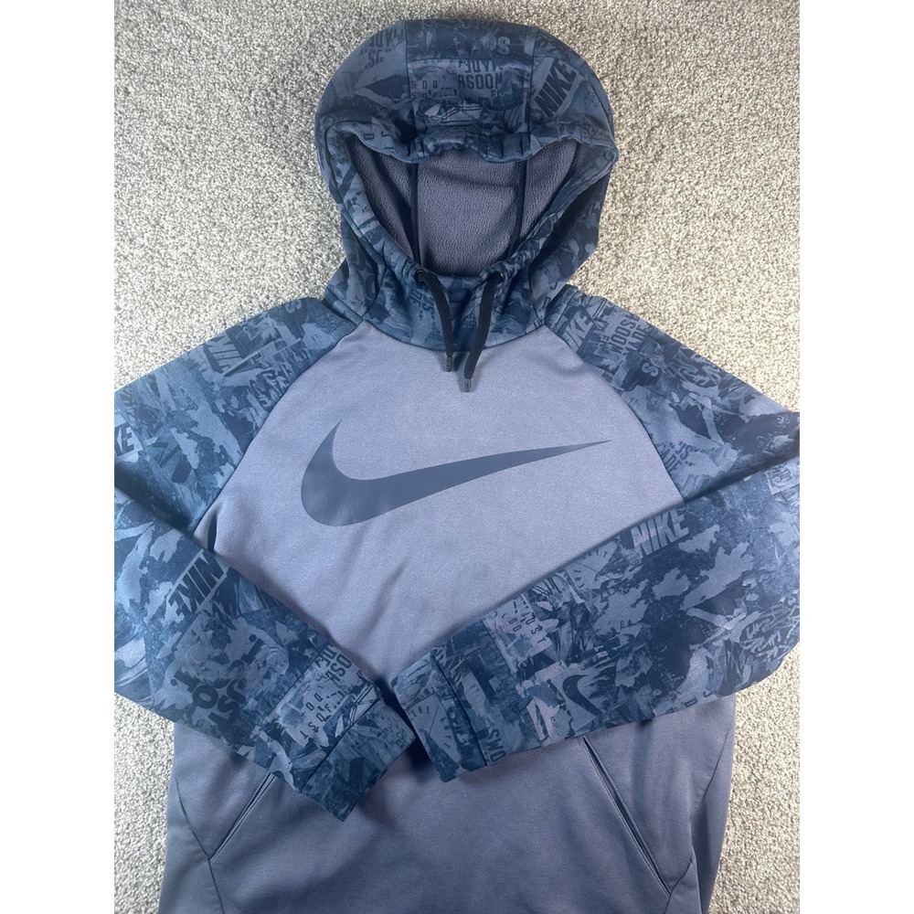 Nike Dri-FIT Hoodie Mens Medium Grey Graphic Sleeve Swoosh Pullover Sweatshirt